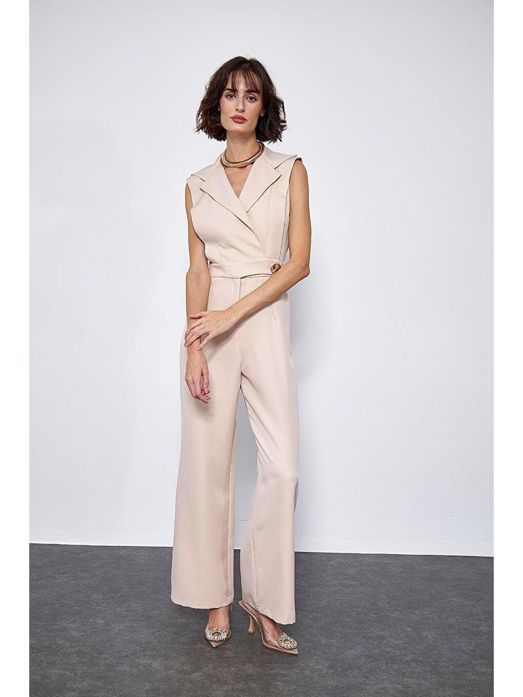 Kruvaze Yaka Bej Kadın Tulum-6