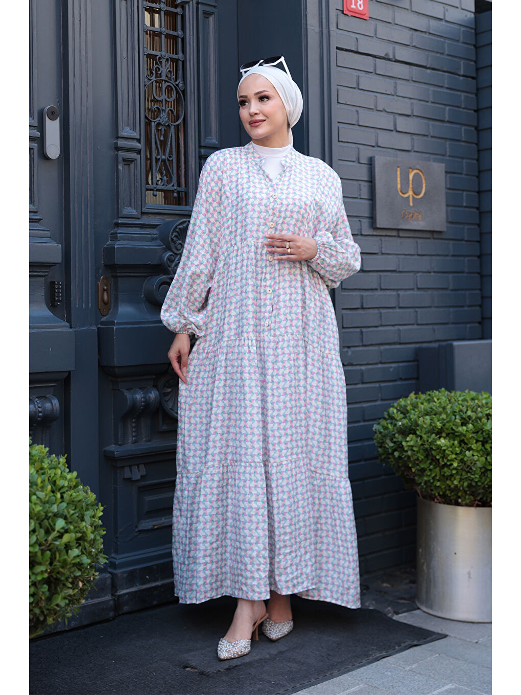 Kadın Geometrik Dalgalı Desenli Elbise Pembe