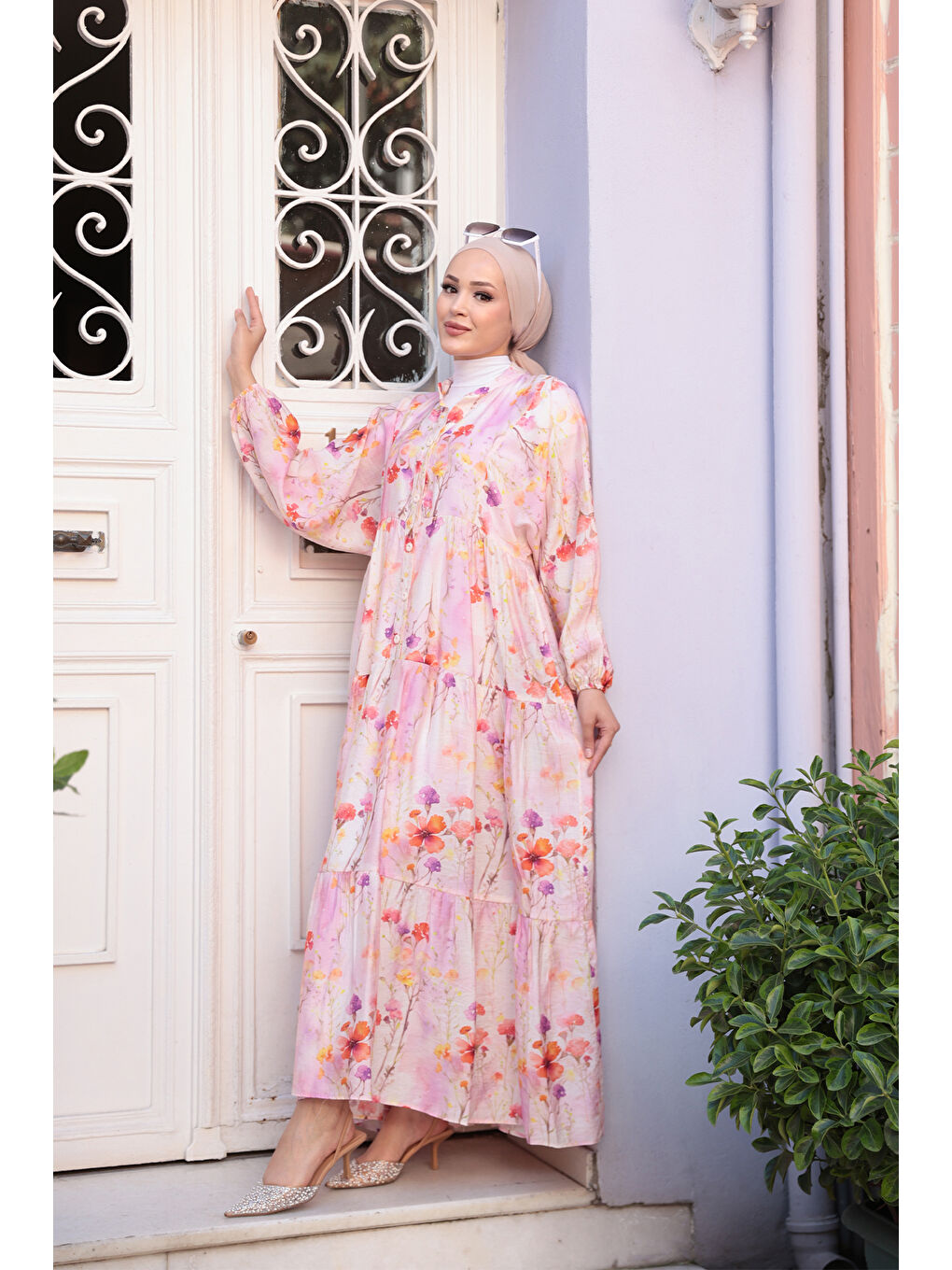 Kadın Çicek Desenli Elbise Pembe-1