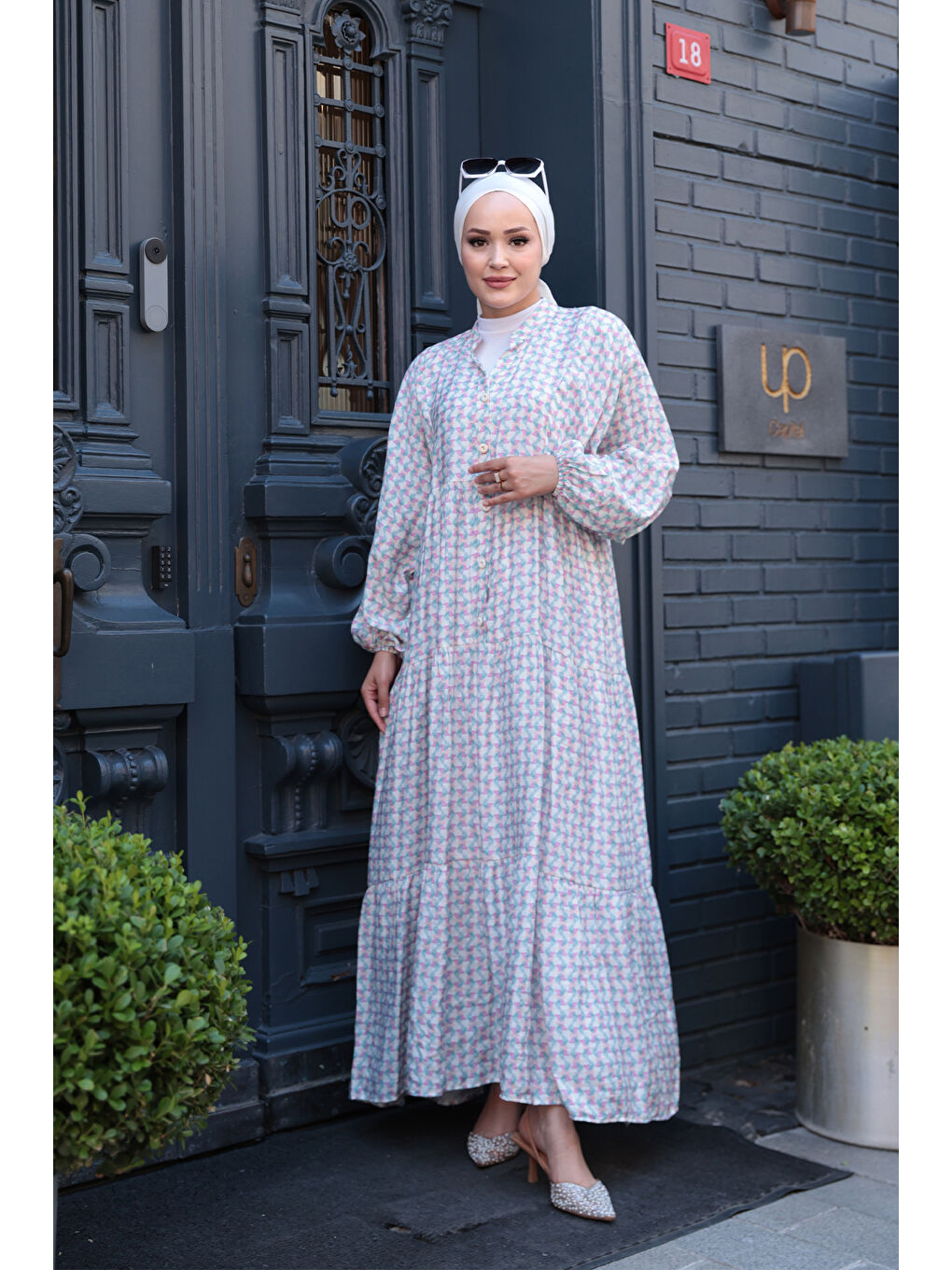 Kadın Geometrik Dalgalı Desenli Elbise Pembe-1