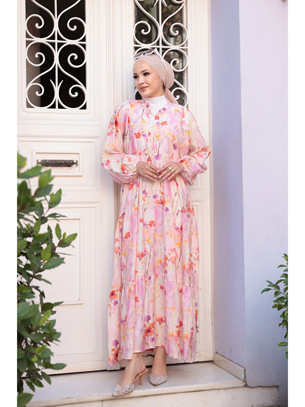 Kadın Çicek Desenli Elbise Pembe-2