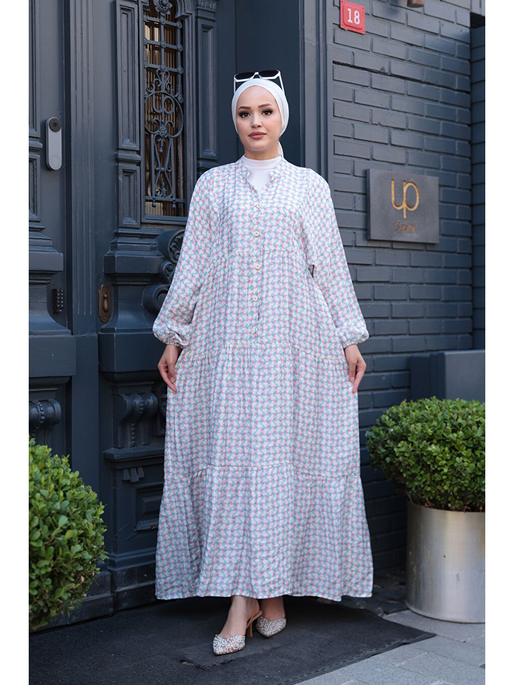 Kadın Geometrik Dalgalı Desenli Elbise Pembe-2