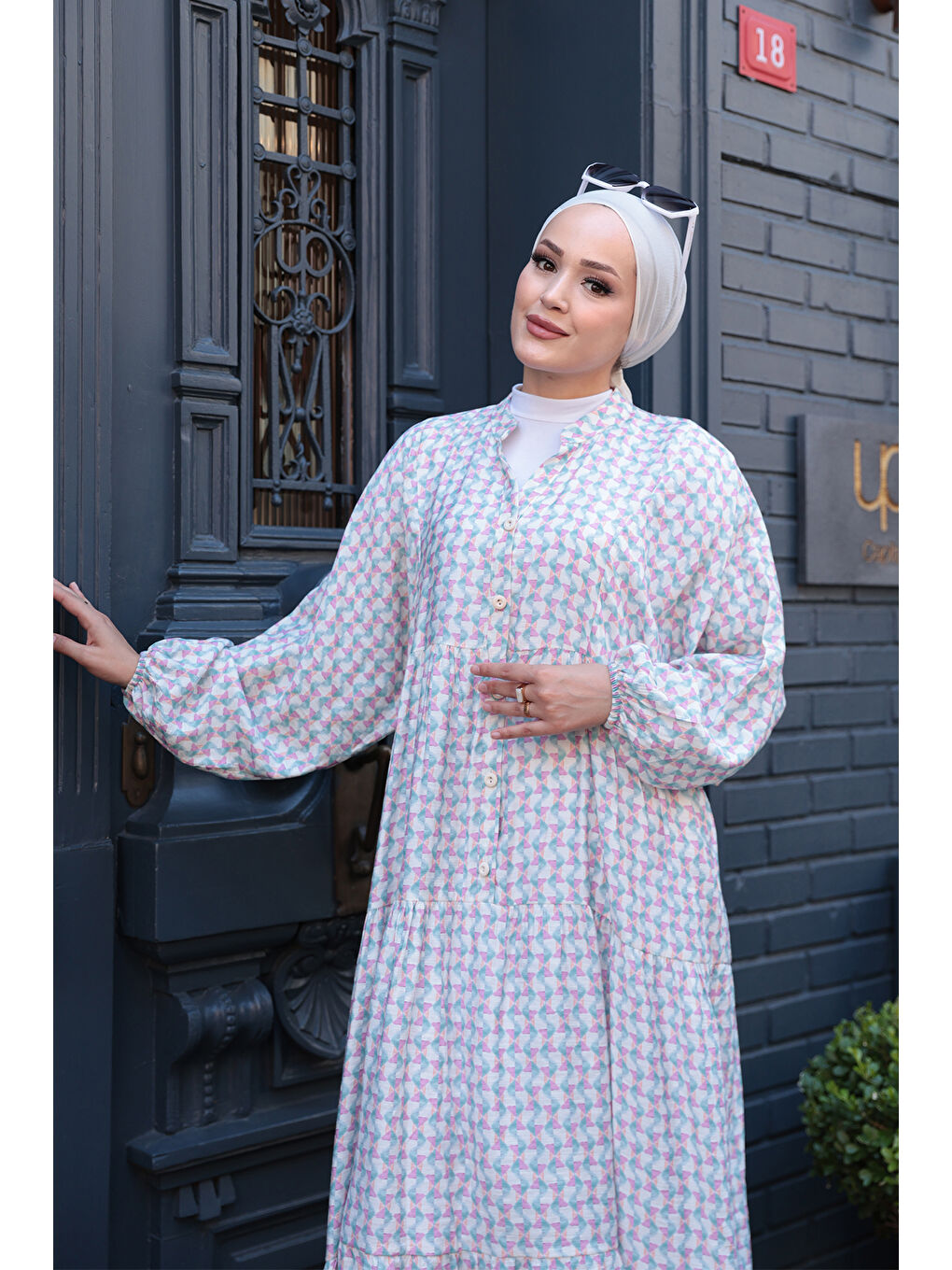 Kadın Geometrik Dalgalı Desenli Elbise Pembe-3