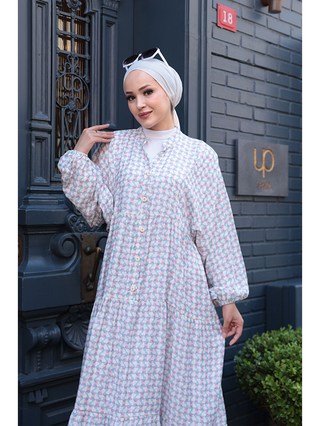 Kadın Geometrik Dalgalı Desenli Elbise Pembe-4