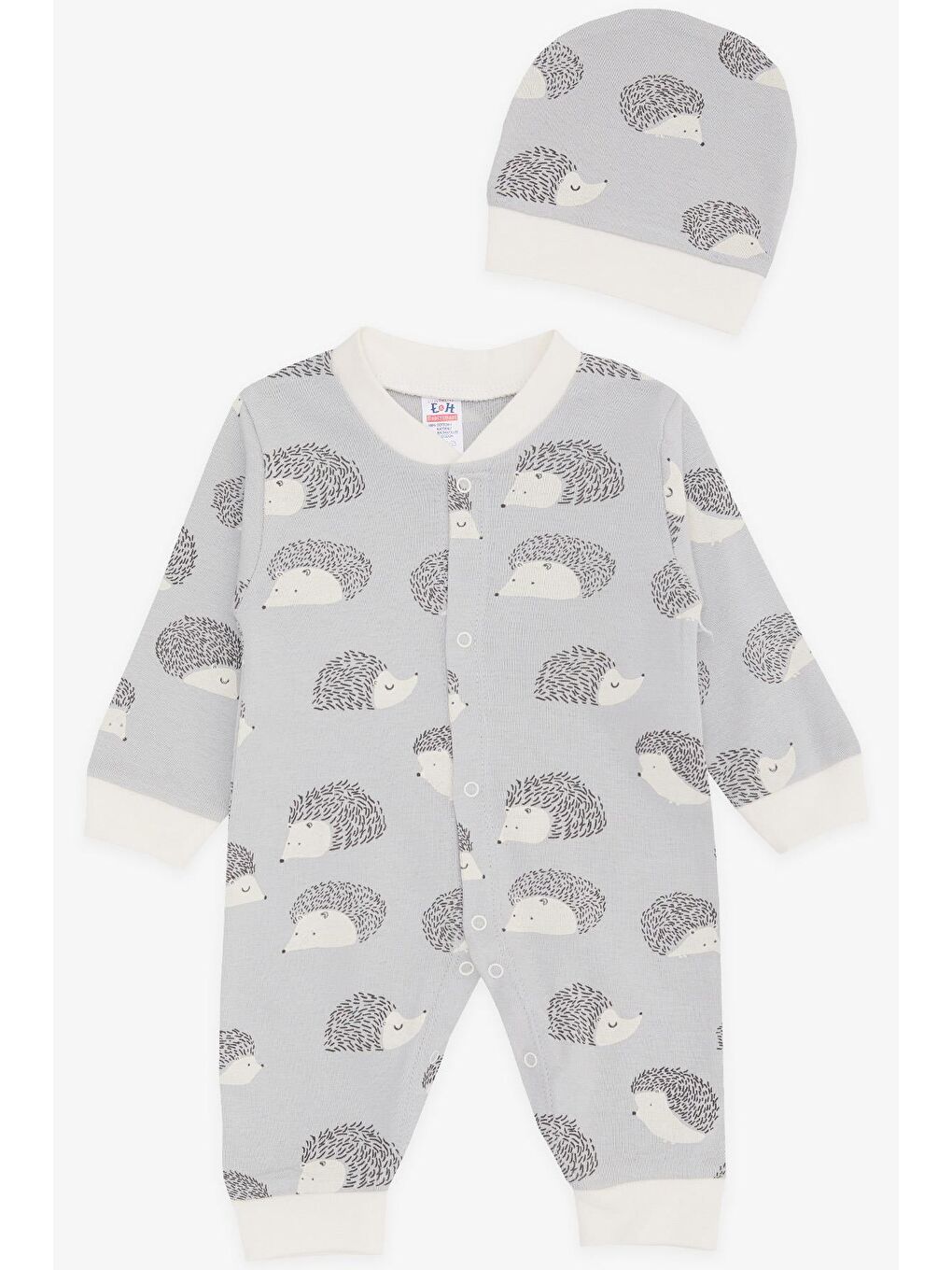 Erkek Bebek Tulum Sevimli Kirpi Desenli Gri (0-6 Ay)