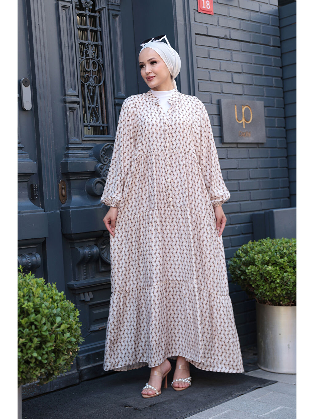 Bej Kadın Geometrik Dalgalı Desenli Elbise Vizon-1