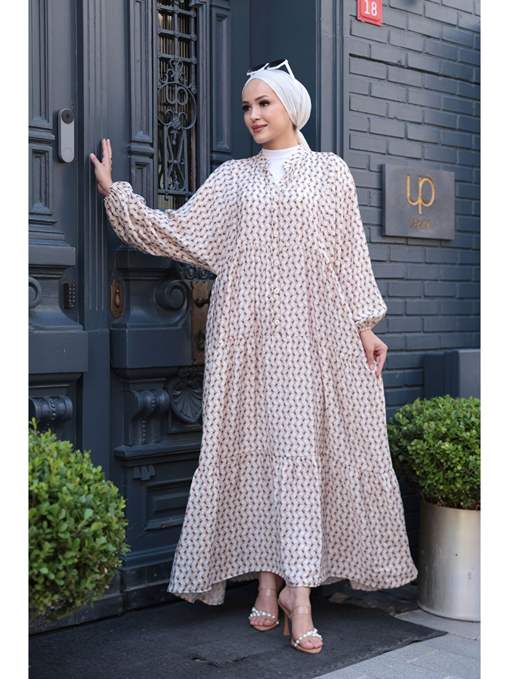 Bej Kadın Geometrik Dalgalı Desenli Elbise Vizon-2