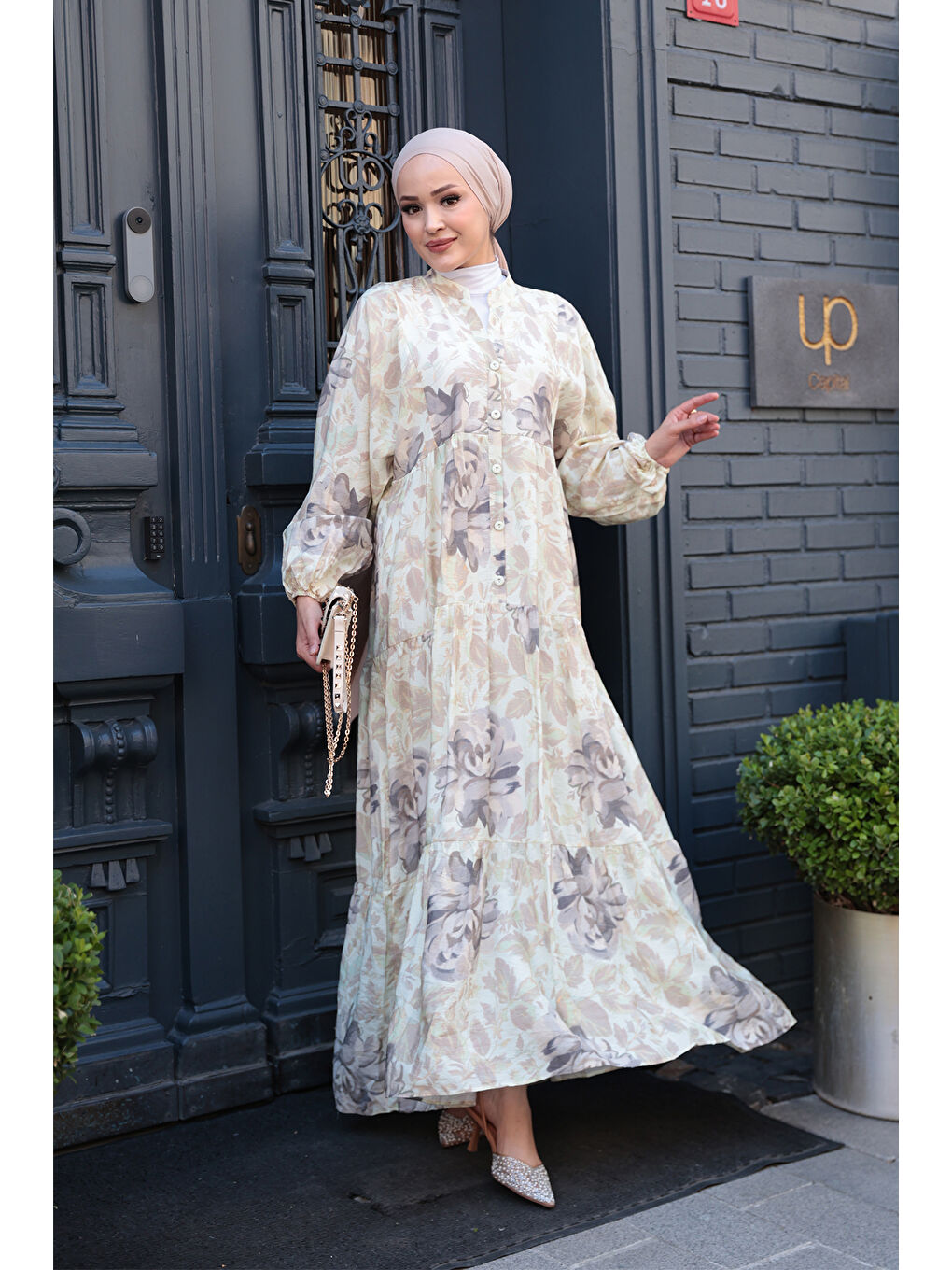 Kadın Yaprak Desenli Elbise Küf Yeşil