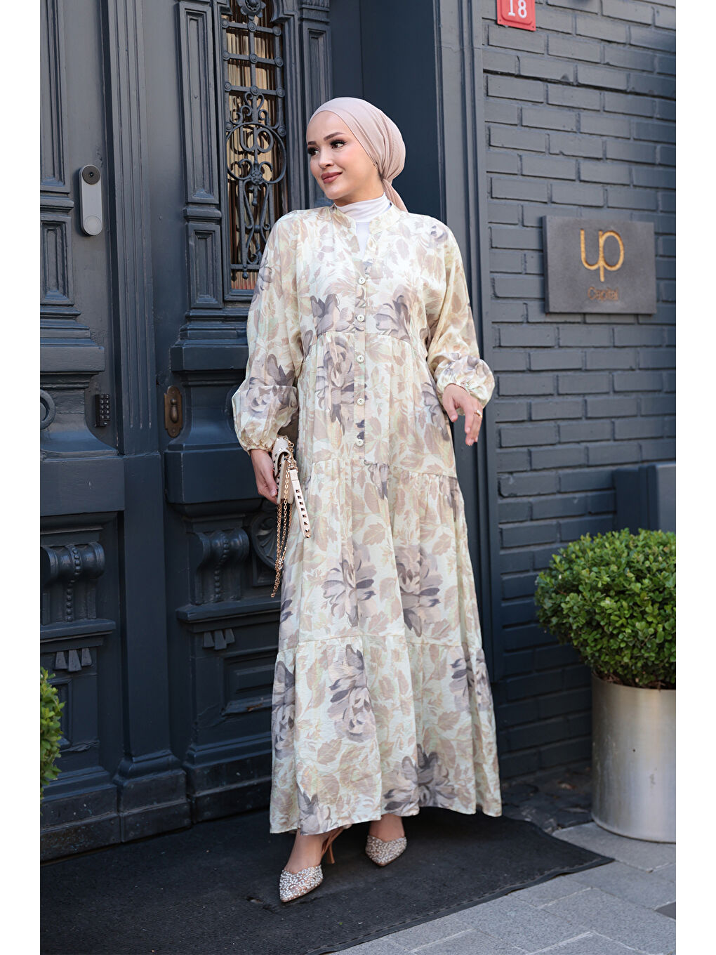 Kadın Yaprak Desenli Elbise Küf Yeşil-1