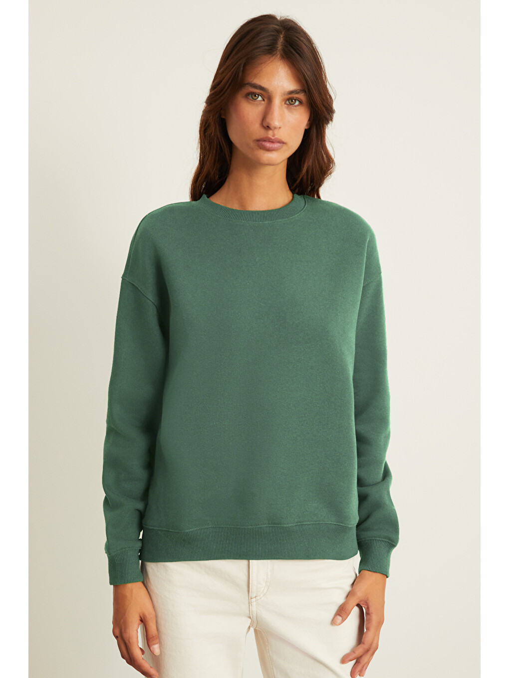 Vılı Kadın Bisiklet Yaka İçi Polarlı Oversize Organik Pamuk Yeşil Sweatshirt