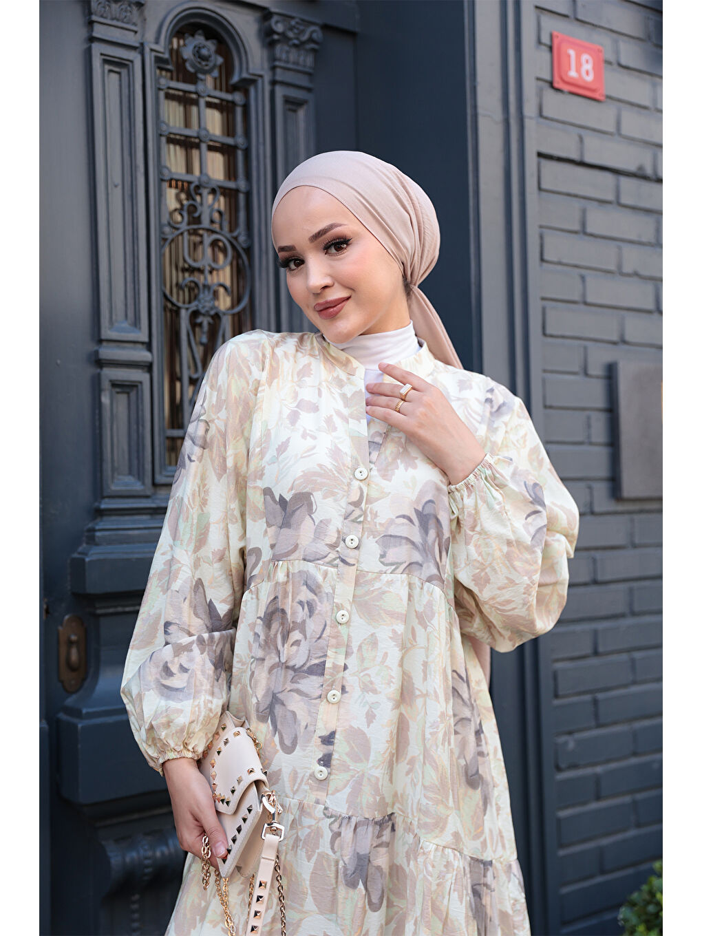 Kadın Yaprak Desenli Elbise Küf Yeşil-3