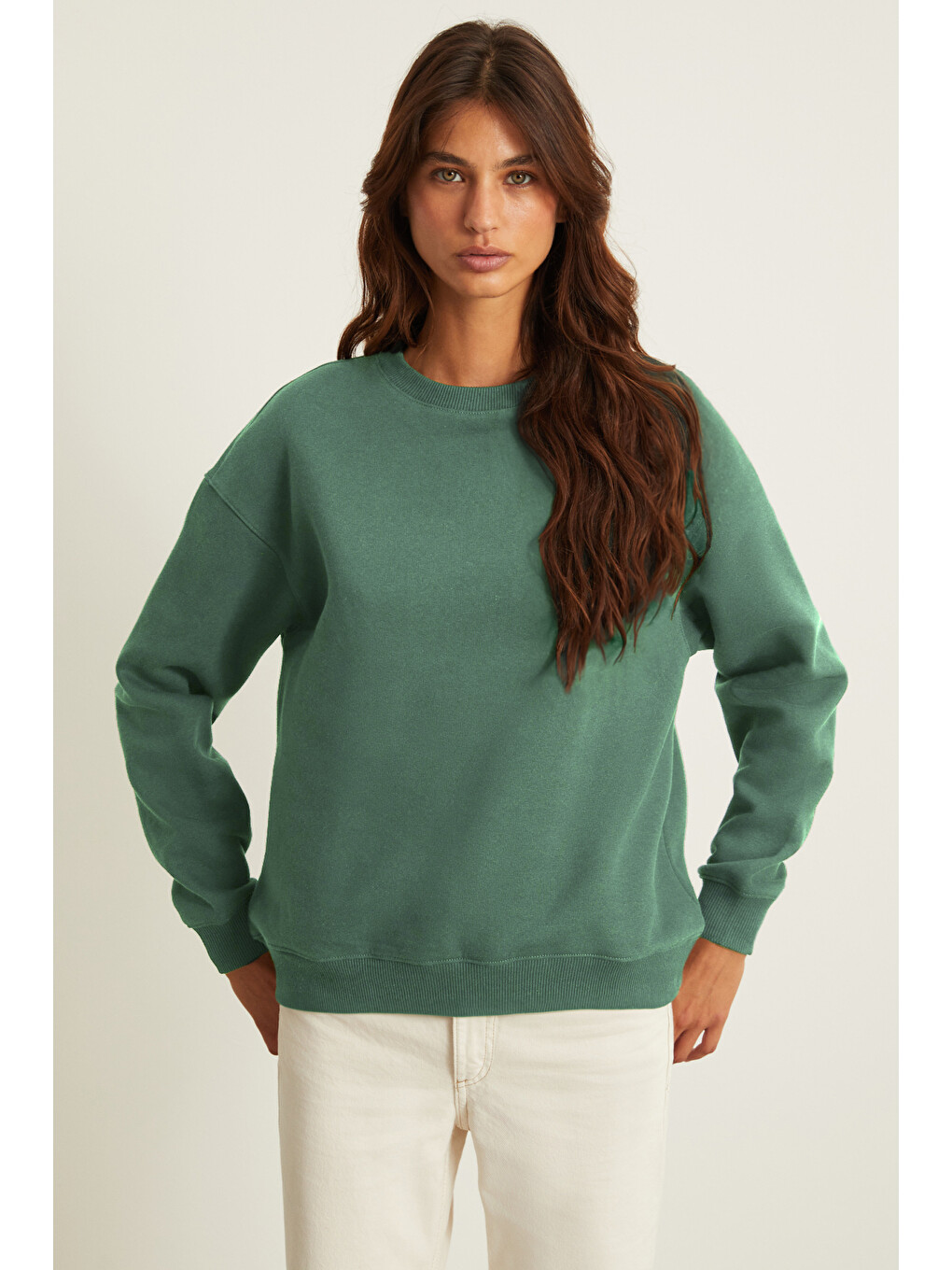 Vılı Kadın Bisiklet Yaka İçi Polarlı Oversize Organik Pamuk Yeşil Sweatshirt-2