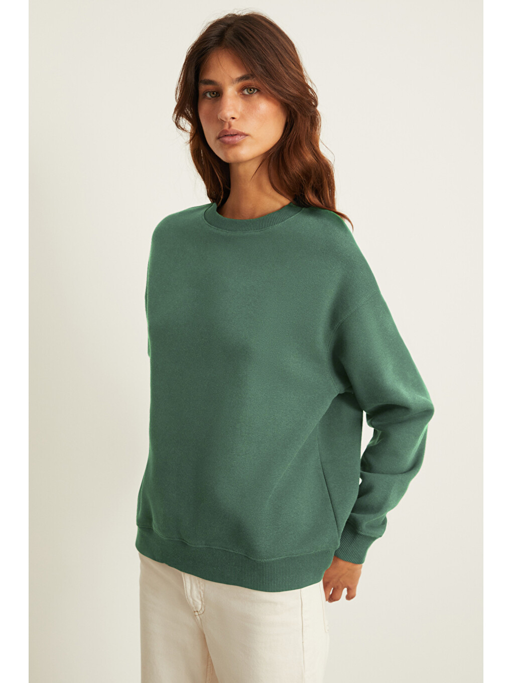 Vılı Kadın Bisiklet Yaka İçi Polarlı Oversize Organik Pamuk Yeşil Sweatshirt-3