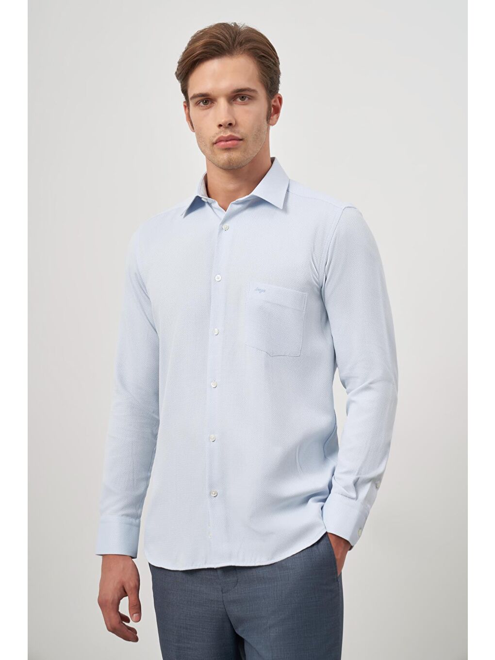 Koyu Mavi Uzun Kol Kendinden Desenli Armürlü 041 Sert Yaka Classic Comfort Fit Gömlek 1004245156