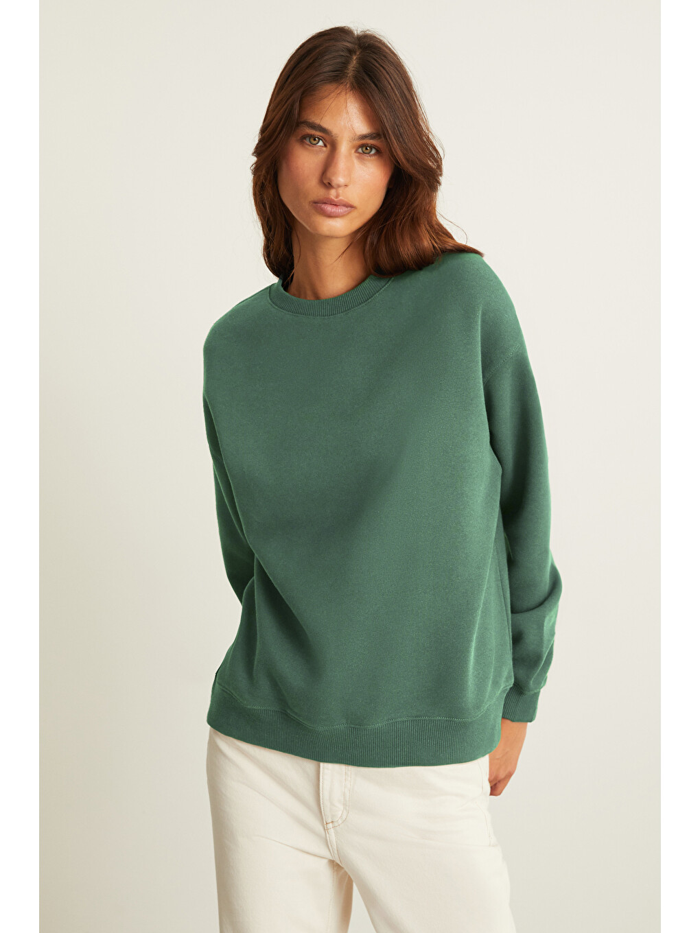 Vılı Kadın Bisiklet Yaka İçi Polarlı Oversize Organik Pamuk Yeşil Sweatshirt-4