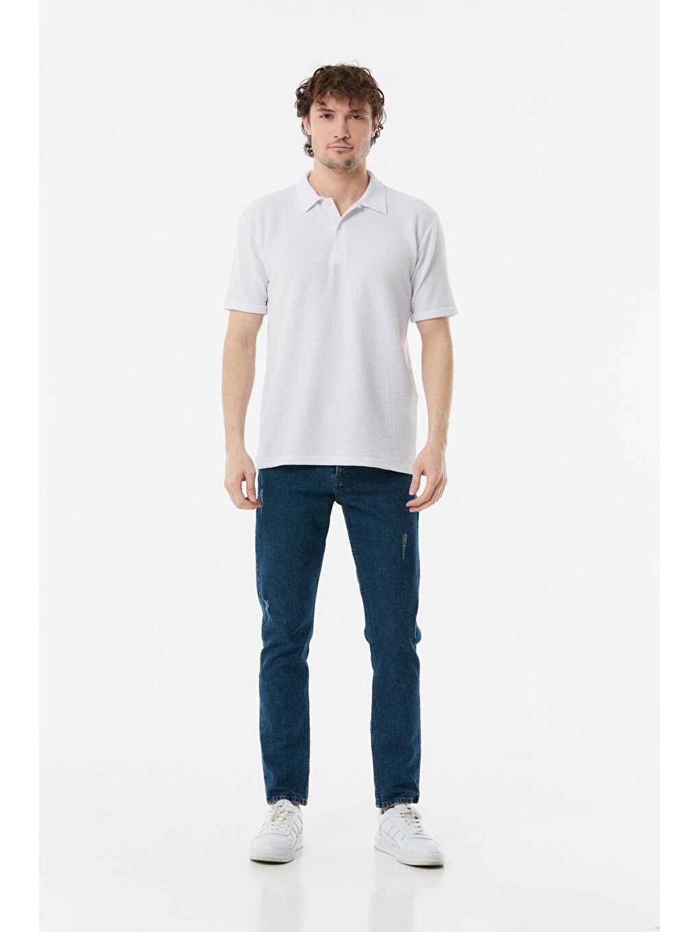 Beyaz Waffle Kumaş Polo Yaka Duble Kol Tişört-1