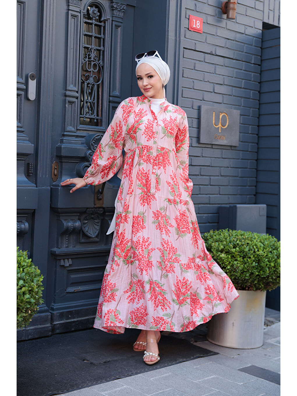 Pembe Kadın Ağaç Desenli Elbise Pudra