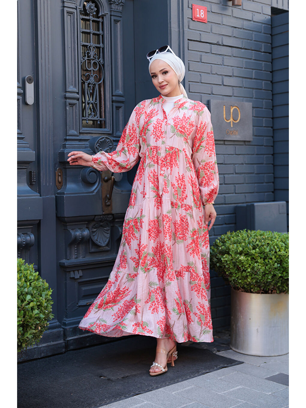 Pembe Kadın Ağaç Desenli Elbise Pudra-1