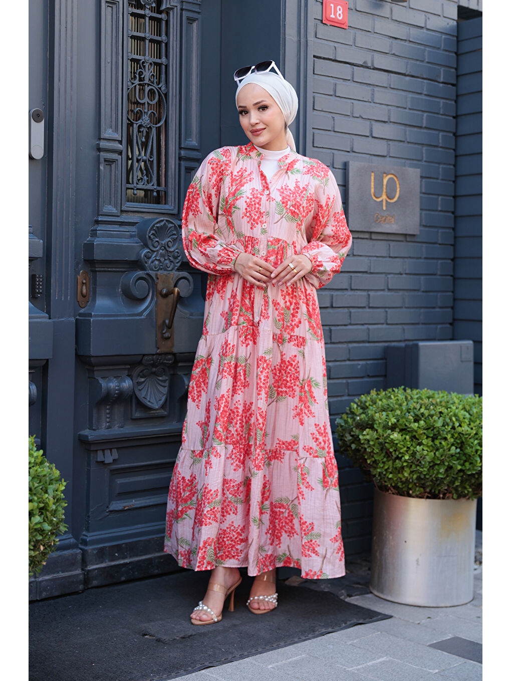 Pembe Kadın Ağaç Desenli Elbise Pudra-2