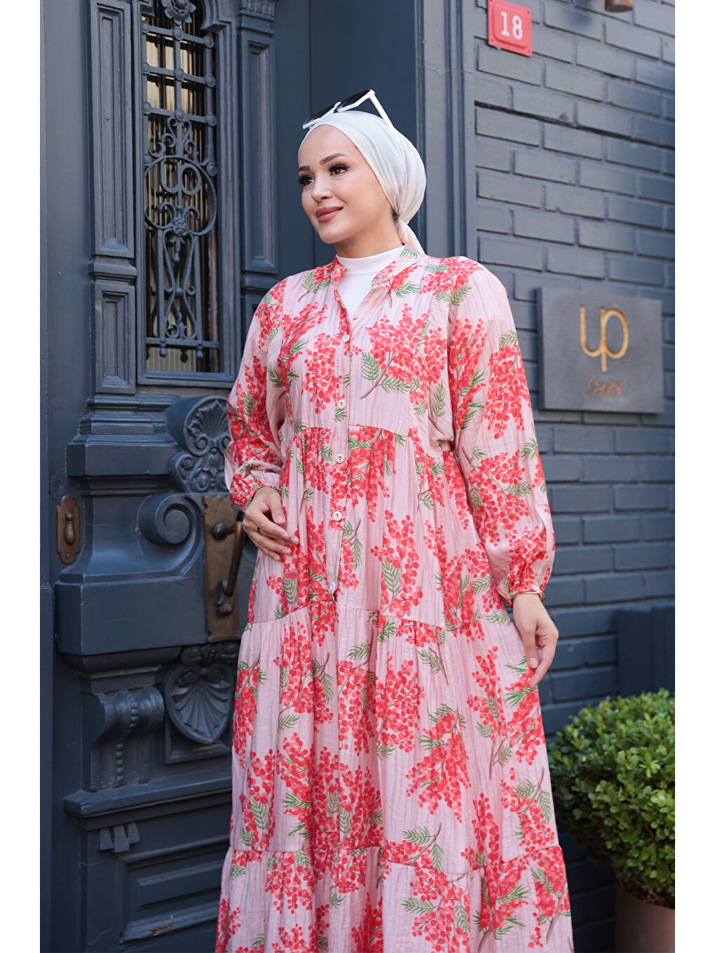 Pembe Kadın Ağaç Desenli Elbise Pudra-3