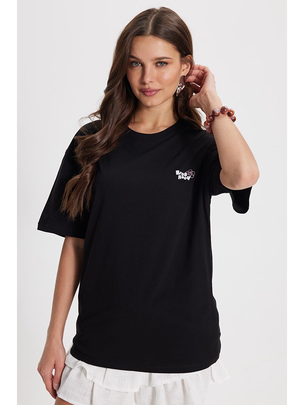 Kadın Oversize Geniş Kesim Bisiklet Yaka %100 Pamuk Yumuşak Dokulu Baskılı Siyah Tişört-4