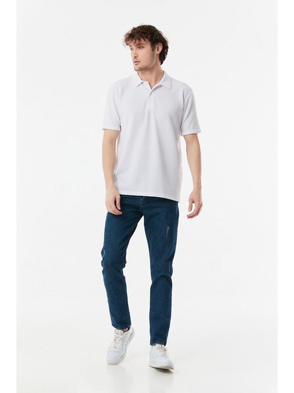 Beyaz Waffle Kumaş Polo Yaka Duble Kol Tişört-3