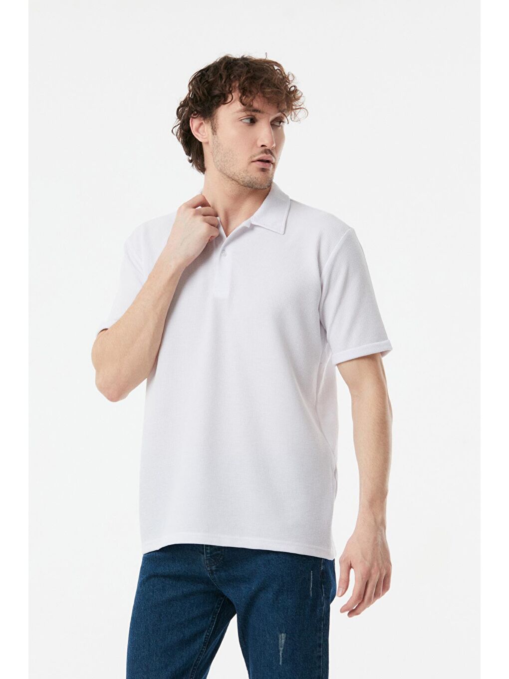 Beyaz Waffle Kumaş Polo Yaka Duble Kol Tişört-4