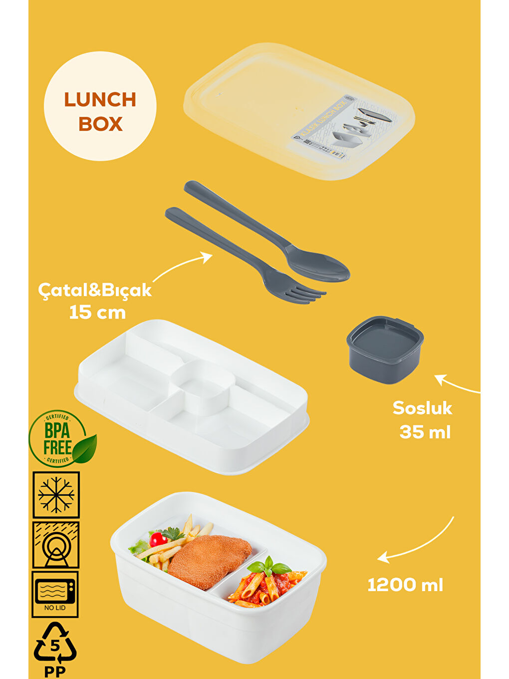 Beyaz 3200 Vakumlu Kendinden Kaşık Çatallı Sosluklu Bölmeli 2 Katlı Lunch Box-Sefer Tası-1