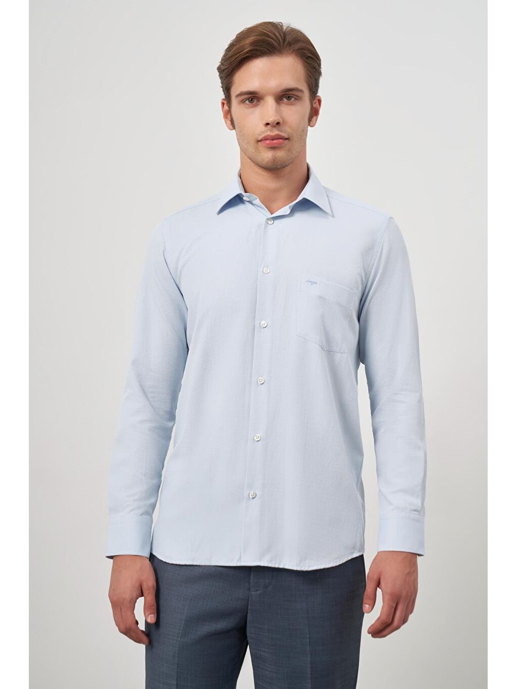 Koyu Mavi Uzun Kol Kendinden Desenli Armürlü 041 Sert Yaka Classic Comfort Fit Gömlek 1004245157