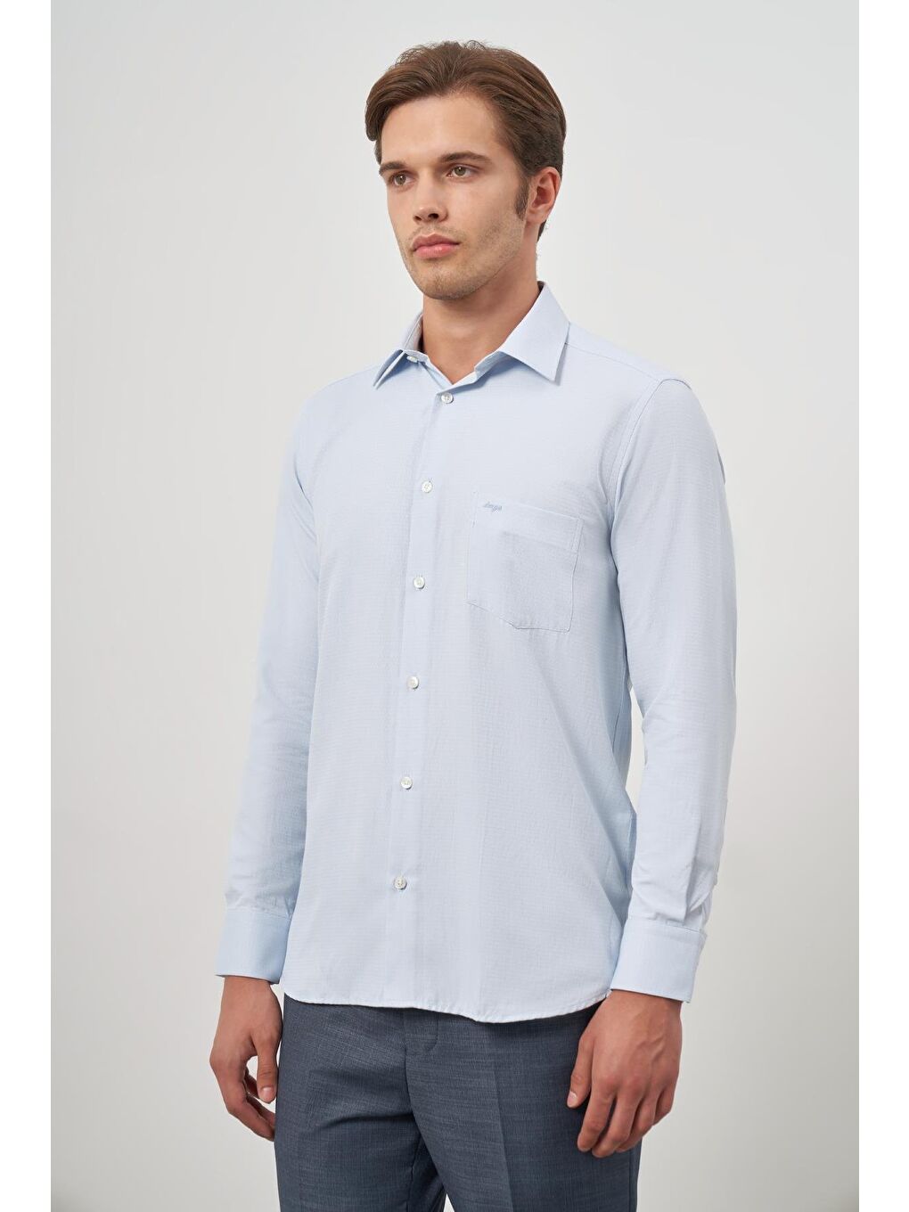 Koyu Mavi Uzun Kol Kendinden Desenli Armürlü 041 Sert Yaka Classic Comfort Fit Gömlek 1004245157-2