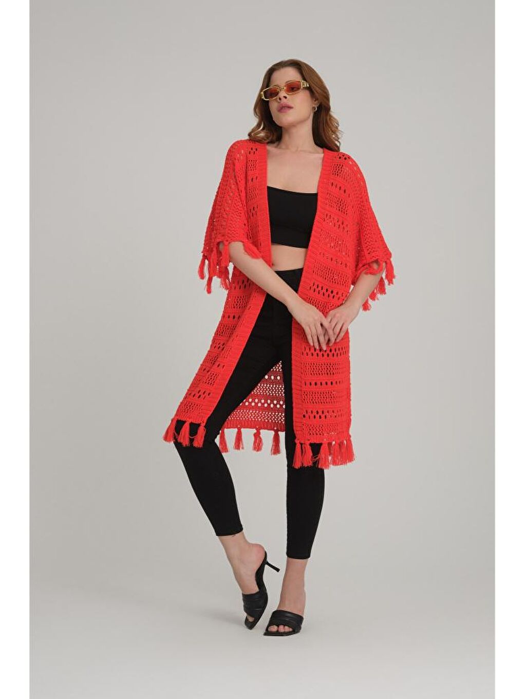 Kırmızı Kadın Eteği Püsküllü Triko Hırka 11062