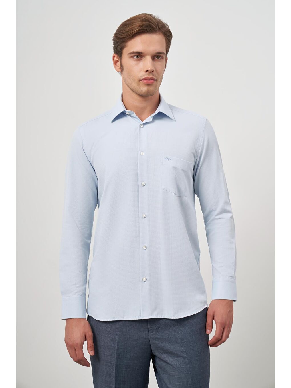 Koyu Mavi Uzun Kol Kendinden Desenli Armürlü 041 Sert Yaka Classic Comfort Fit Gömlek 1004245157-4