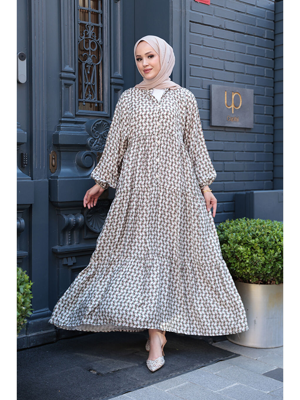 Kadın Geometrik Dalgalı Desenli Elbise Haki Yeşil