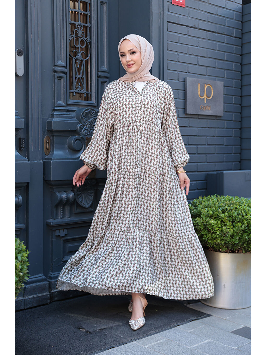 Kadın Geometrik Dalgalı Desenli Elbise Haki Yeşil-1