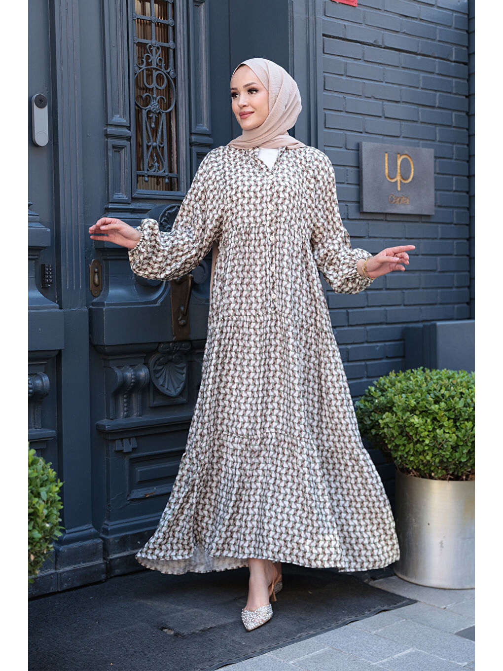 Kadın Geometrik Dalgalı Desenli Elbise Haki Yeşil-2