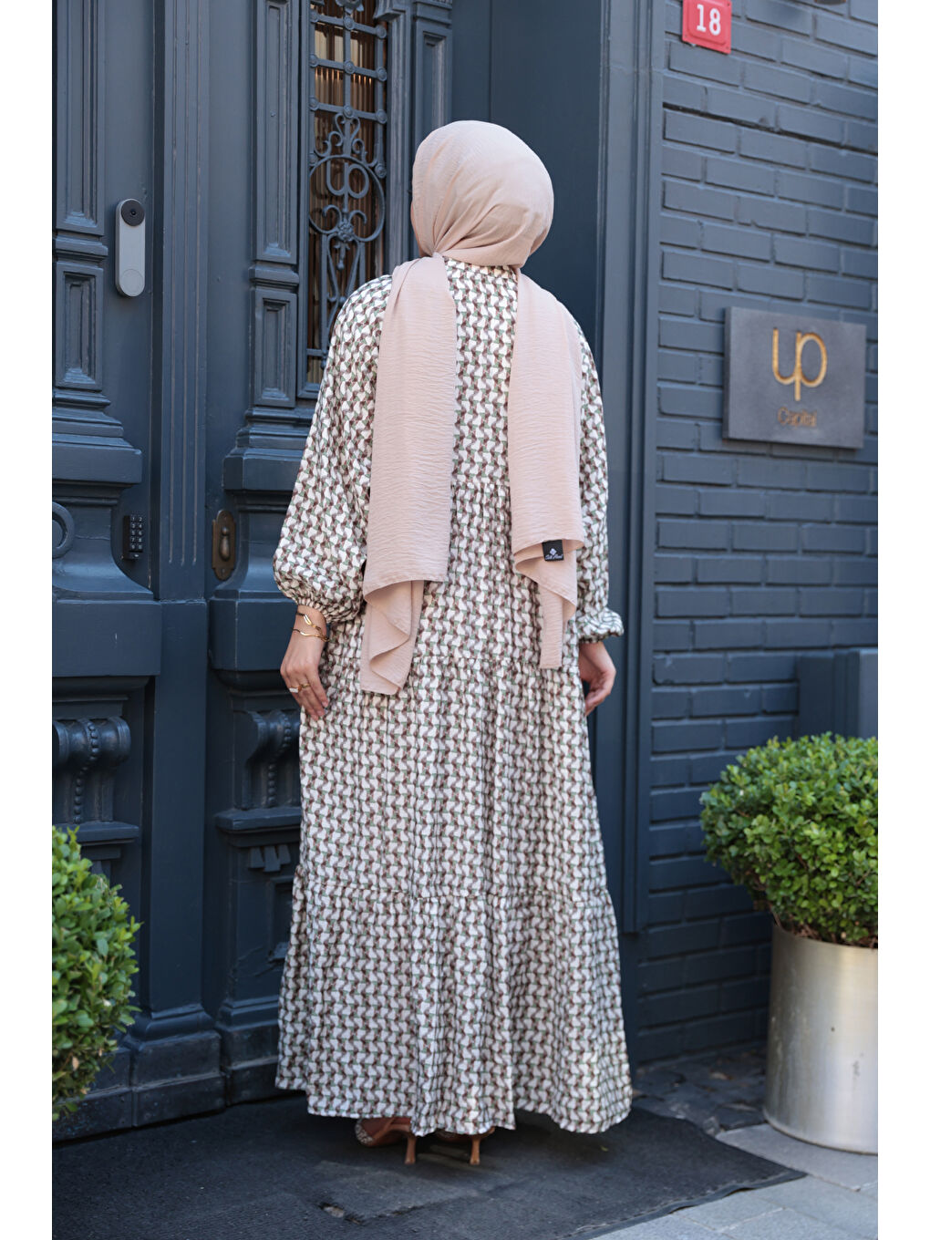 Kadın Geometrik Dalgalı Desenli Elbise Haki Yeşil-3