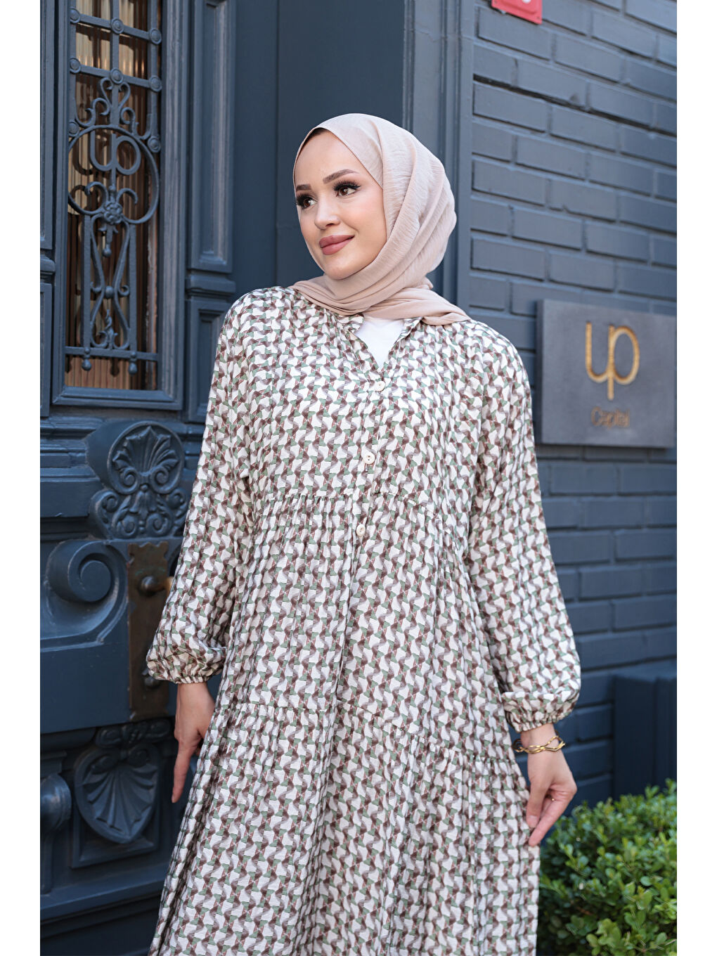 Kadın Geometrik Dalgalı Desenli Elbise Haki Yeşil-4