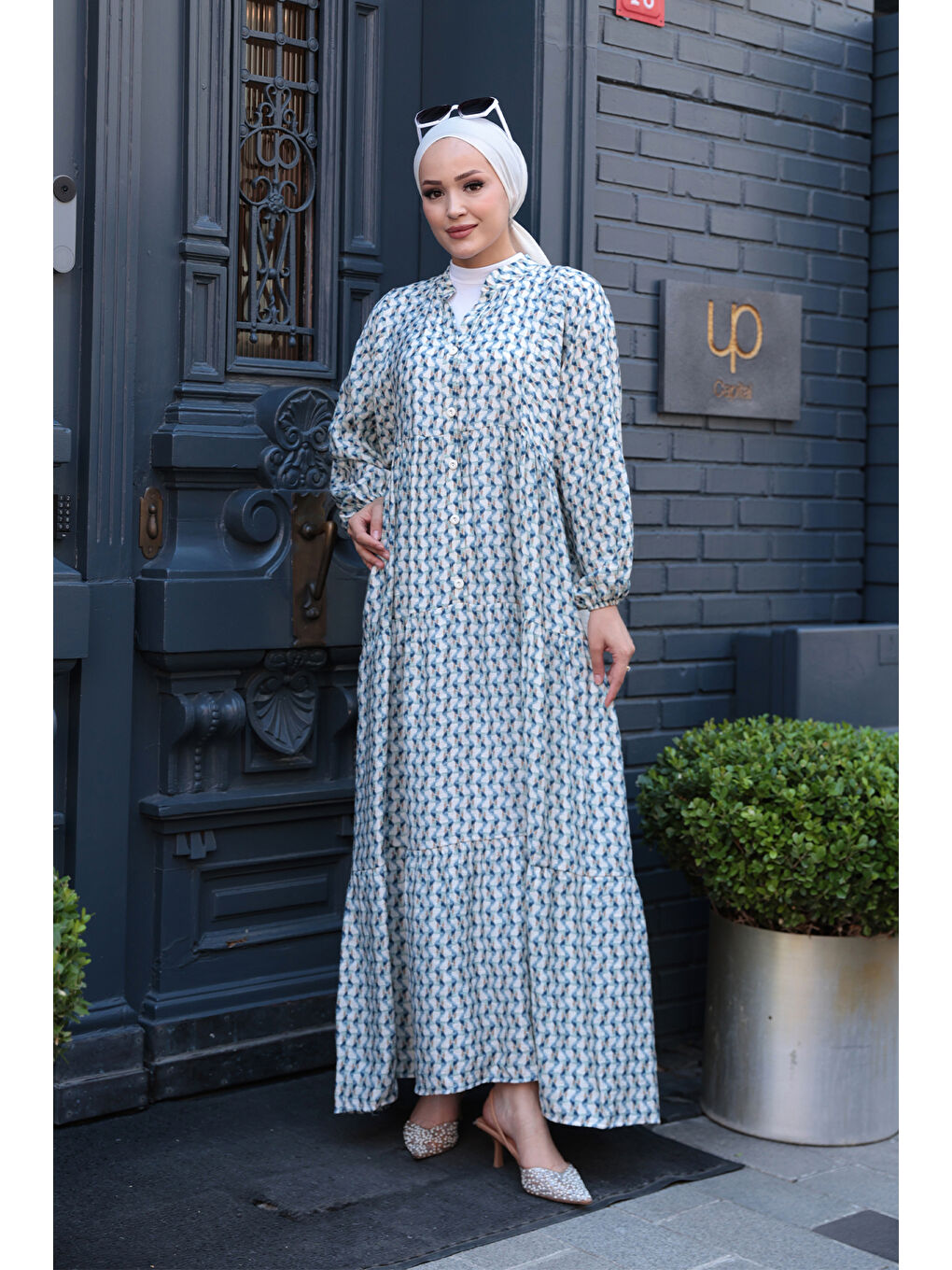 Kadın Geometrik Dalgalı Desenli Elbise Mavi-1