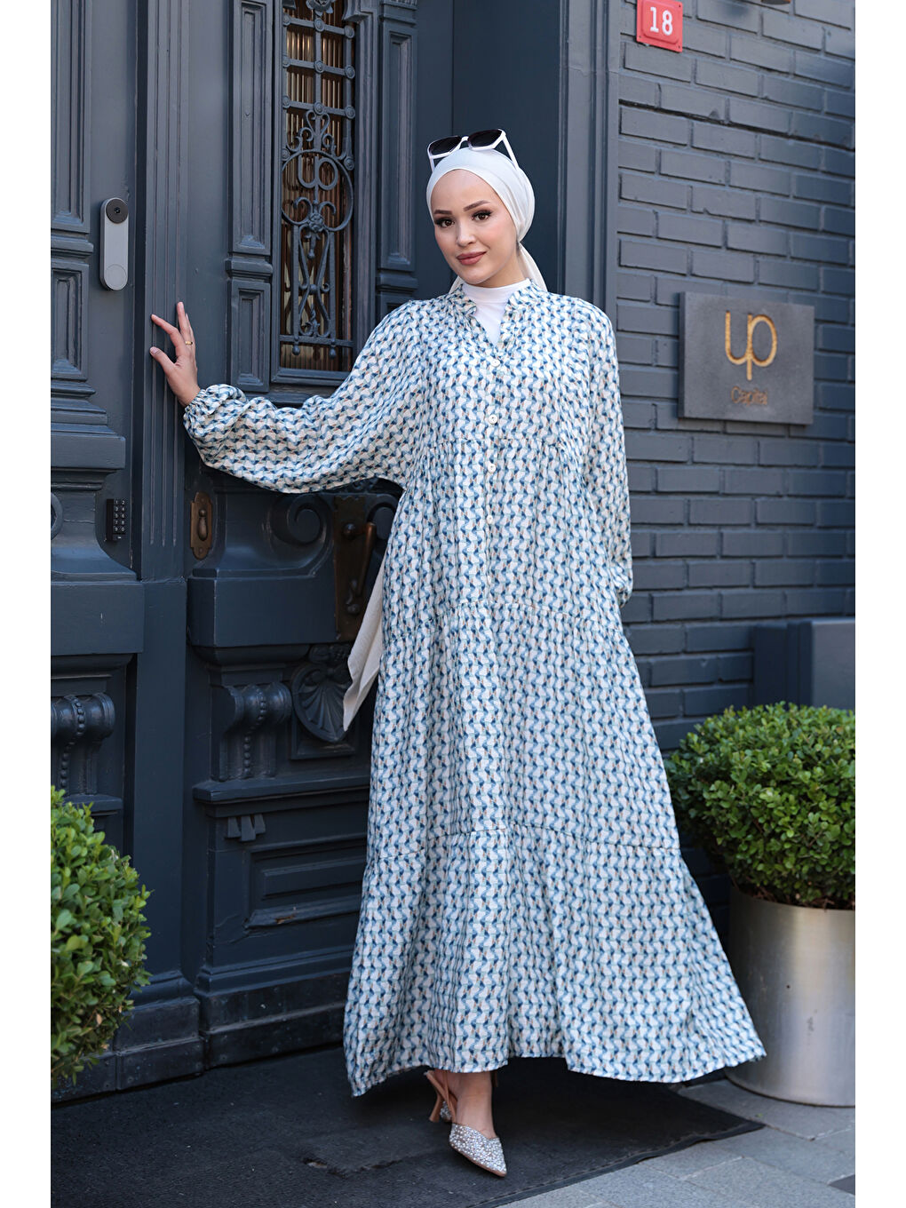 Kadın Geometrik Dalgalı Desenli Elbise Mavi-2