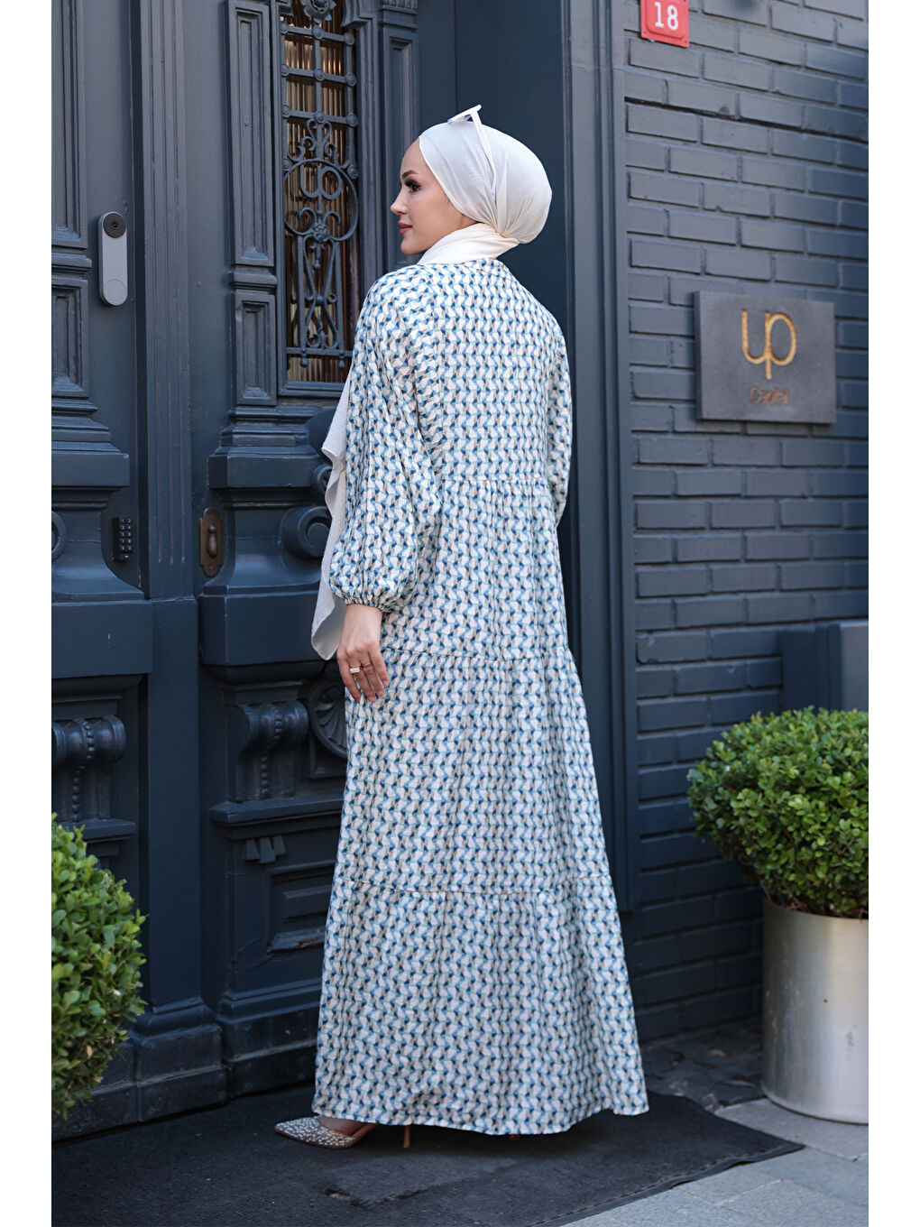 Kadın Geometrik Dalgalı Desenli Elbise Mavi-3