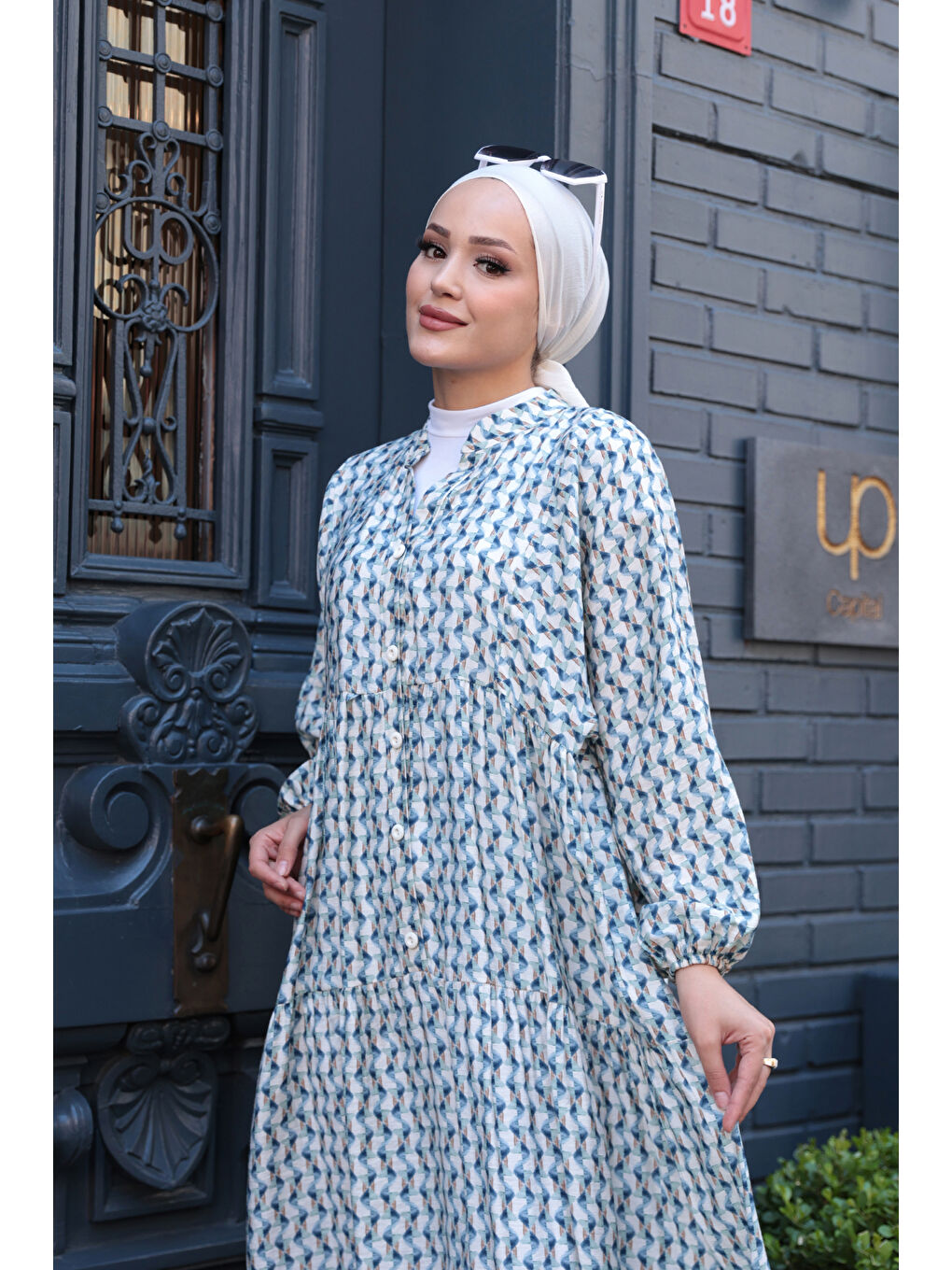 Kadın Geometrik Dalgalı Desenli Elbise Mavi-4