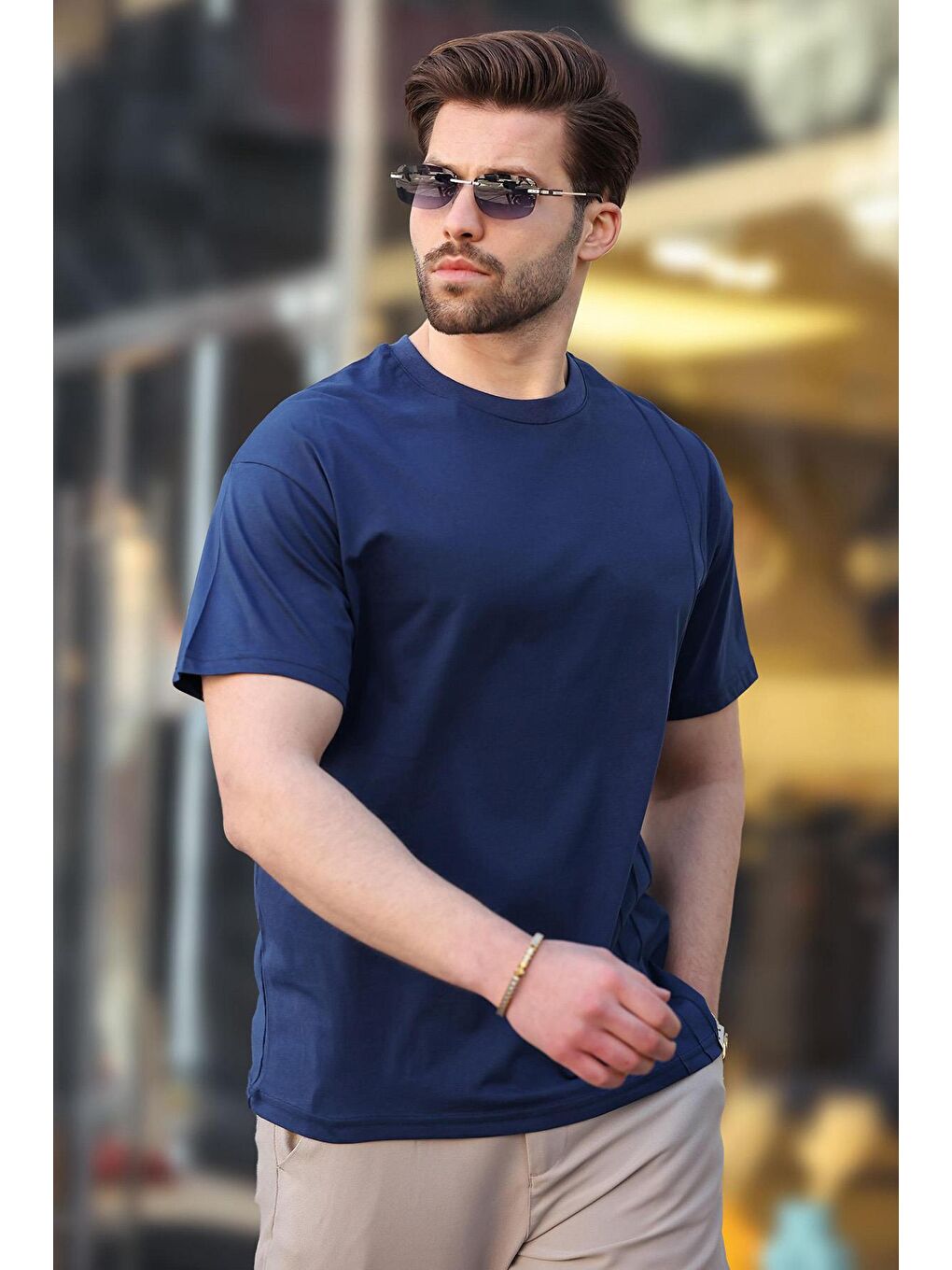 Lacivert Overfit Erkek %100 Pamuk Tişört E7130-1