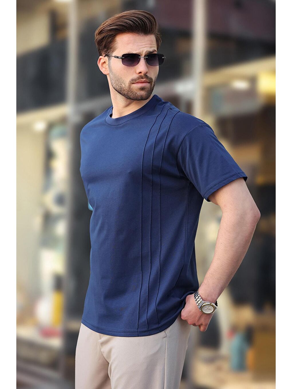 Lacivert Overfit Erkek %100 Pamuk Tişört E7130-2