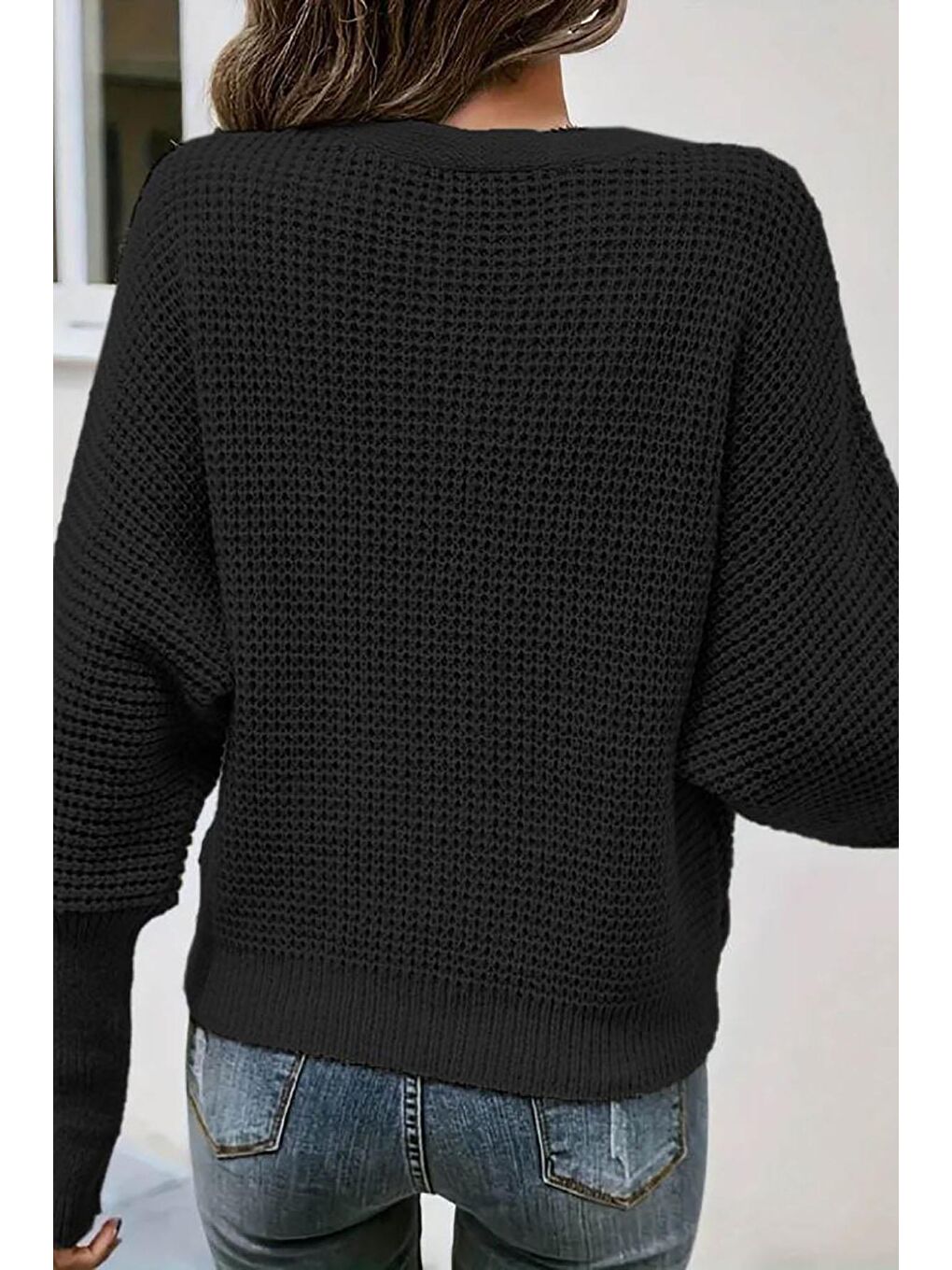 Siyah Uzun Kollu Kruvaze Yaka Triko Bluz-1