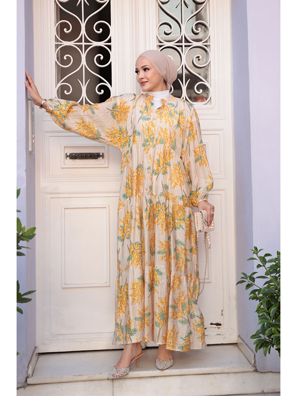 Kadın Ağaç Desenli Elbise Sarı-1