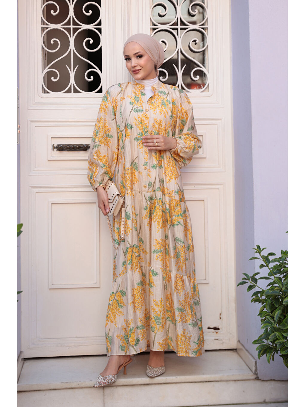 Kadın Ağaç Desenli Elbise Sarı-2