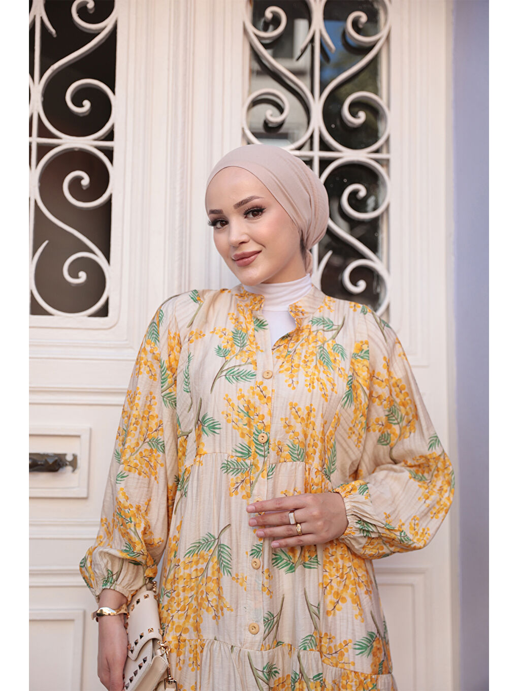 Kadın Ağaç Desenli Elbise Sarı-3