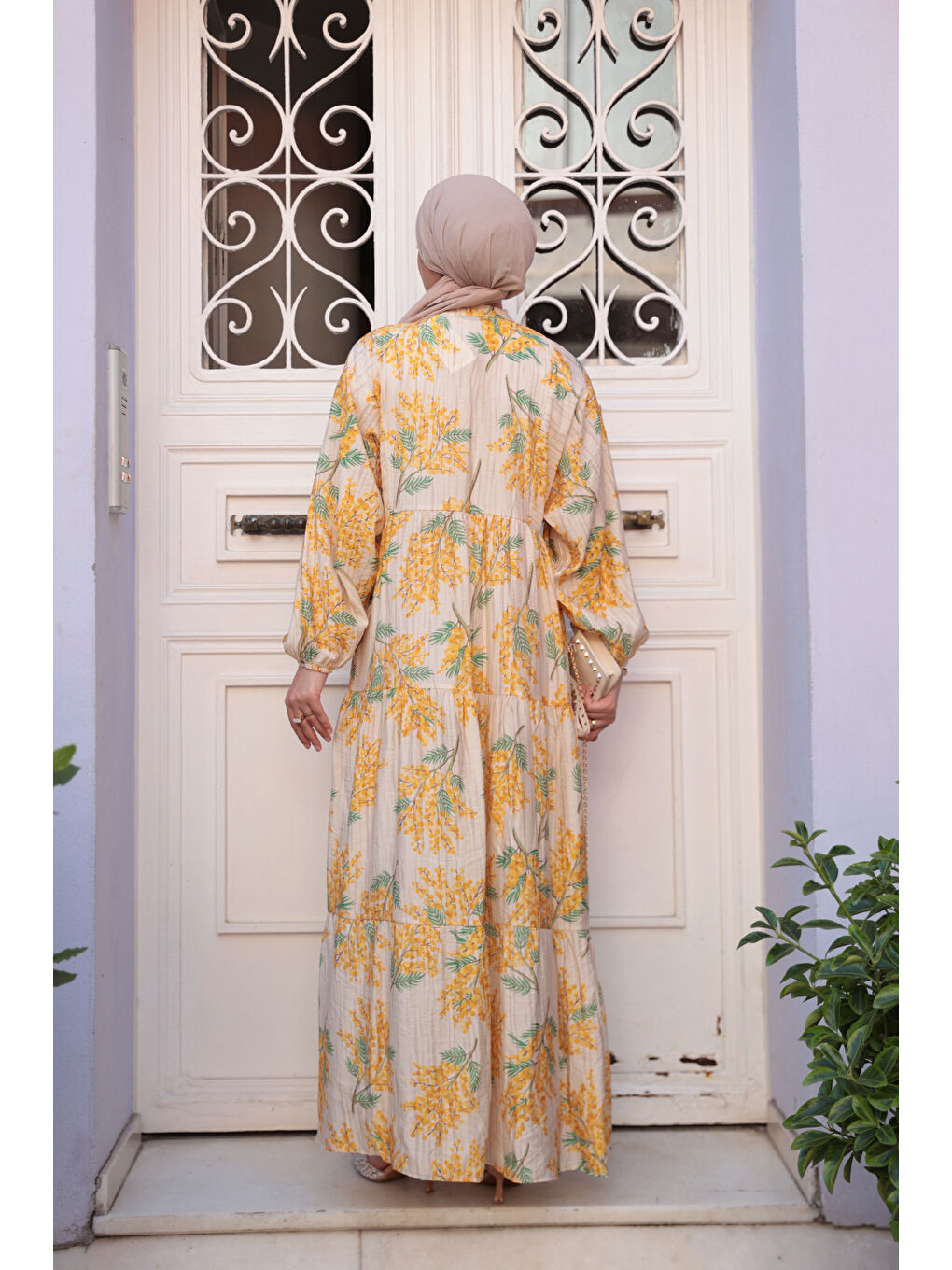 Kadın Ağaç Desenli Elbise Sarı-4