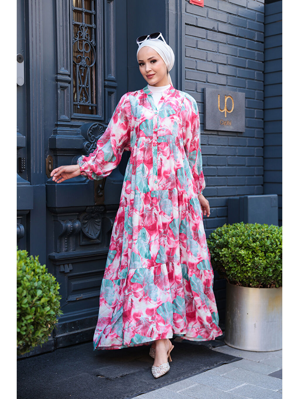 Kadın Yaprak Desen Elbise Fuşya-1