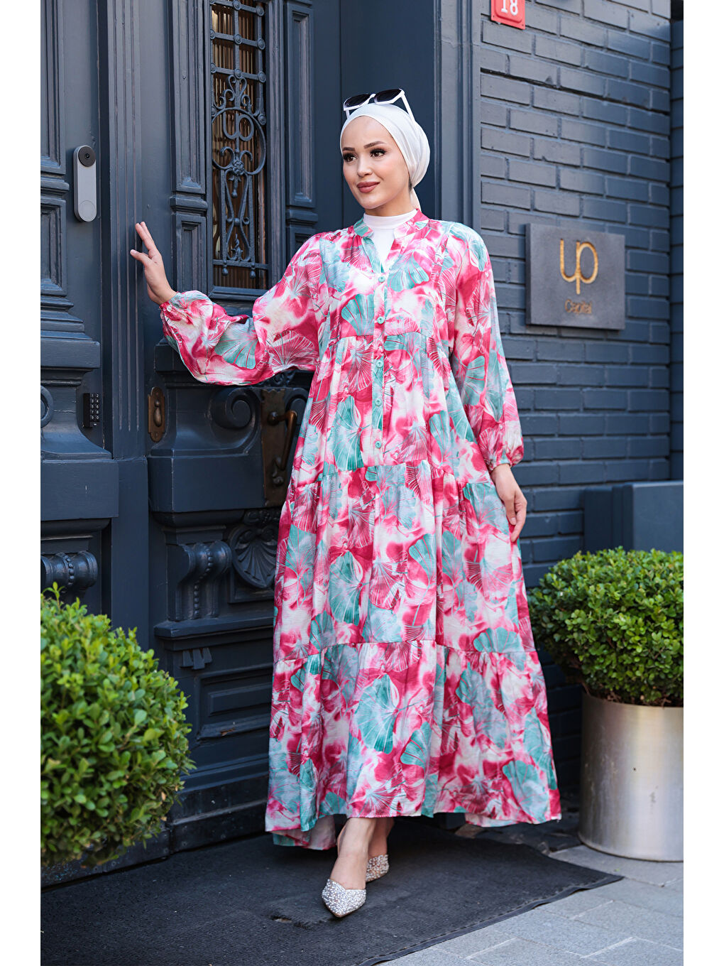 Kadın Yaprak Desen Elbise Fuşya-2